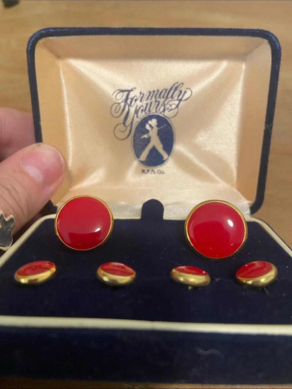 Formally Yours men's gold and red enamel round cufflinks and studs set LIKE NEW